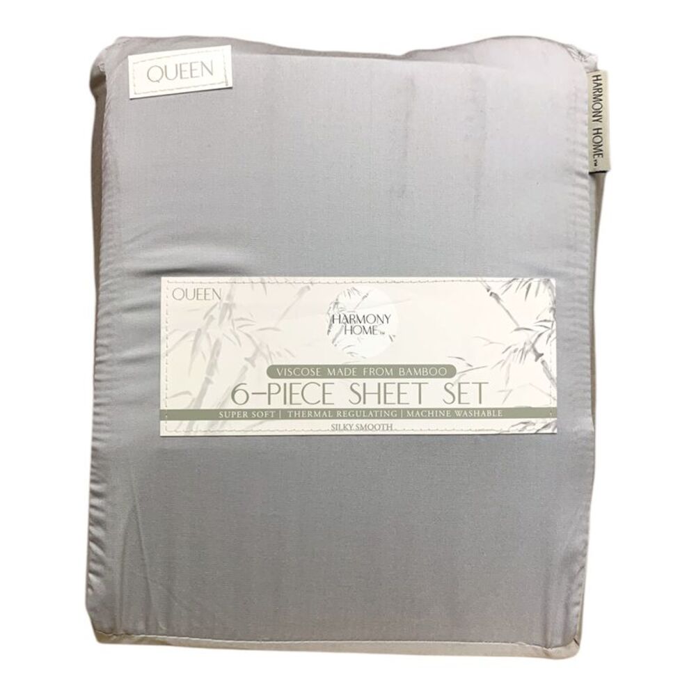 Harmony Home 6-Piece Sheet Set, Viscoise Made from Bamboo, Queen - Grey
